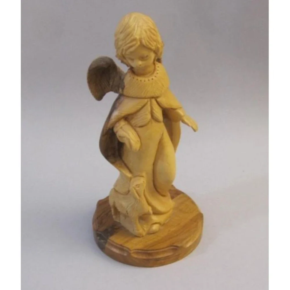 RIMON Bethlehem Hand Carved Olive Wood Angel with Lamb Nativity 7.5” Holy Land